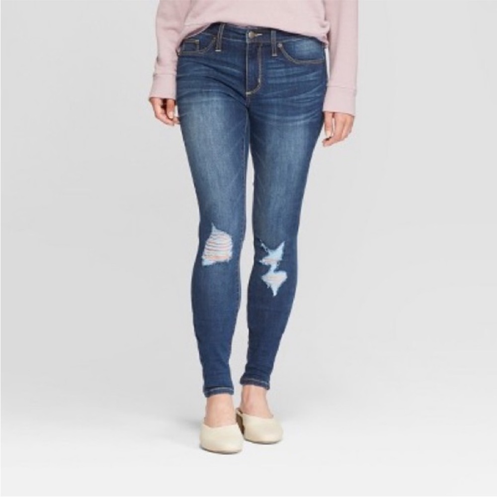 Universal Thread Upcycled High Rise Distressed Dark Wash Skinny Jeans, Size 8